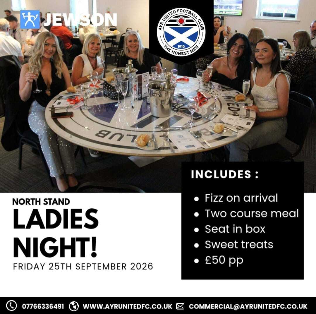 AyrUnitedFC's tweet photo. 🆕 Ladies Night Hospitality

🗓️ Join us at The Ally MacLeod Suite on Friday 25th September.

🥂 Glass of fizz on arrival
🍽️ Two course meal
🍰 Sweet treats at HT
💃 Entertainment until Midnight

🔗 https://t.co/c2RElWiIZW

#WeAreUnited https://t.co/1wnRHXwqYE