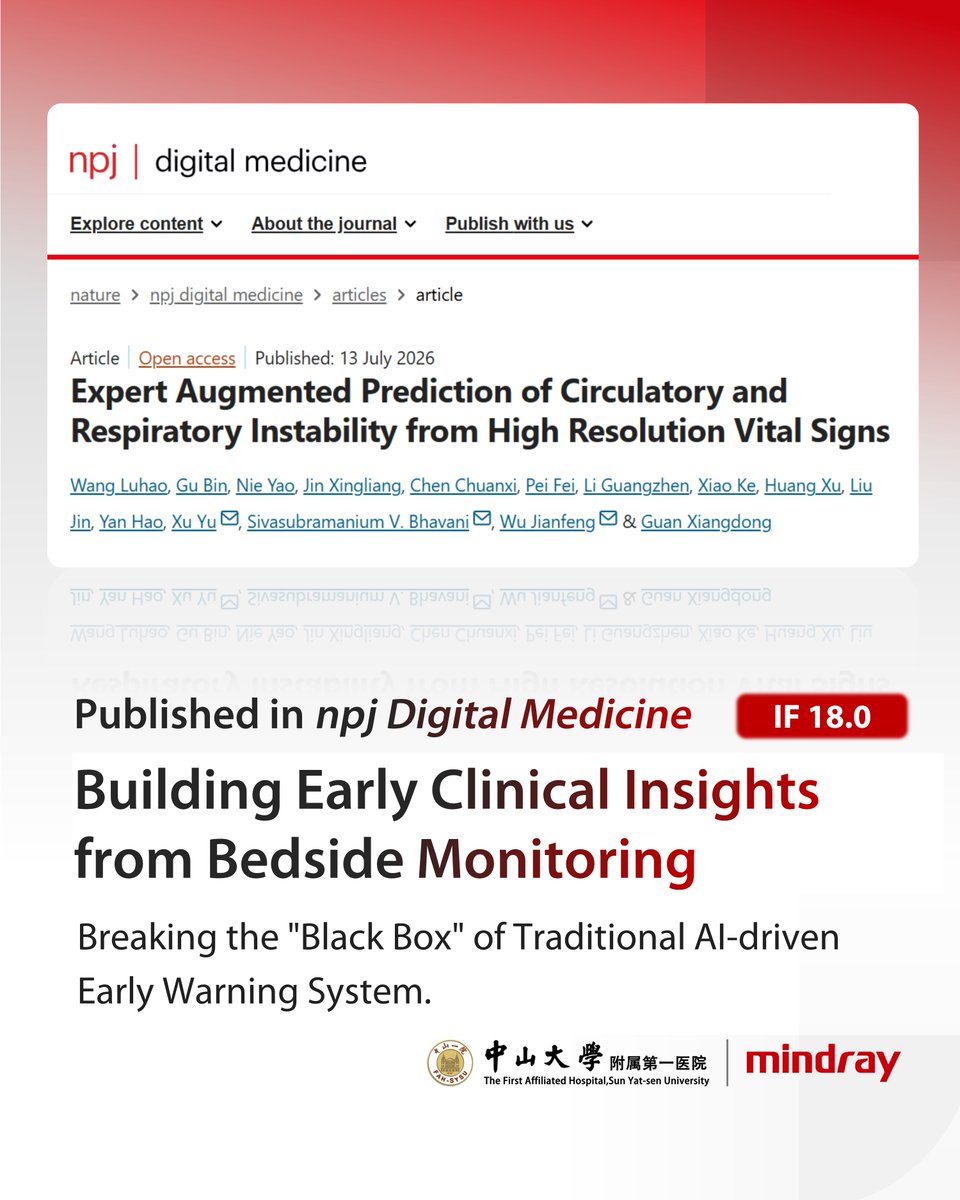 MindrayGlobal's tweet photo. Joint research by Mindray &amp; The First Affiliated Hospital, Sun Yat-sen University published in <npj Digital Medicine>.

It delivers an explainable intelligent early warning system to help clinicians catch risks earlier and make confident decisions.

#Mindray #BedsideMonitoring https://t.co/HDSFfpR5xm