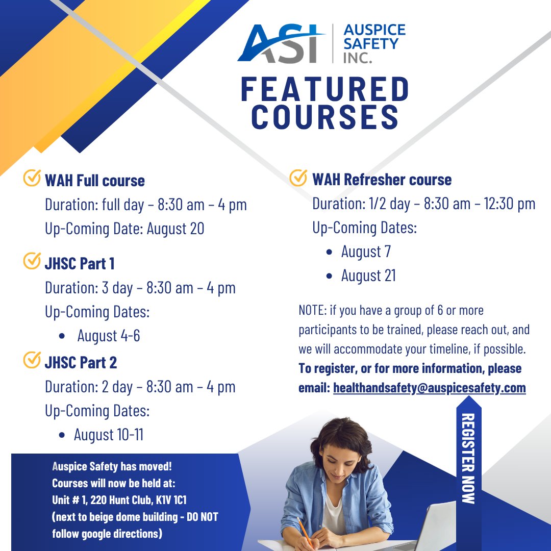 AuspiceSafety's tweet photo. Looking to strengthen workplace safety knowledge? Auspice Safety offers a variety of safety courses designed to help workers and supervisors stay informed, compliant, and confident on the job. Contact us to find the right course for your team. https://t.co/bCrHioopMO