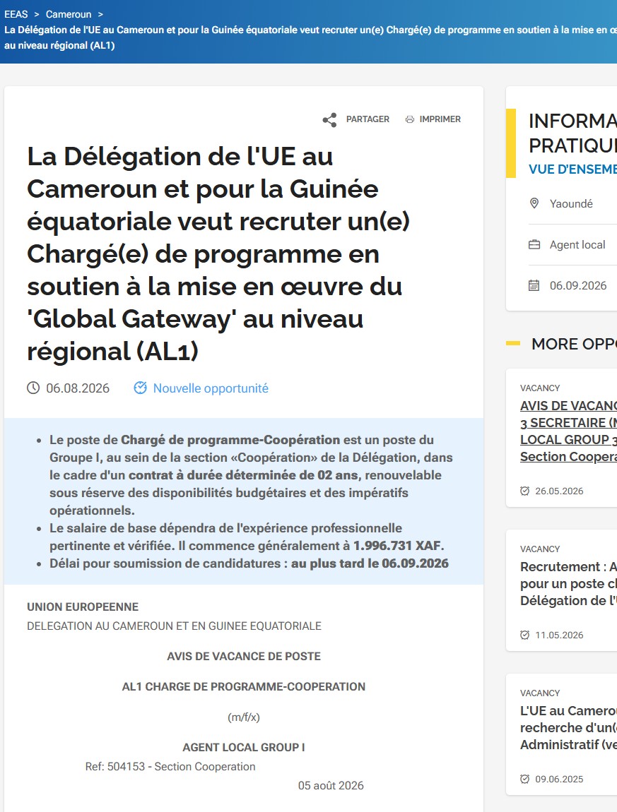 UEauCameroun's tweet photo. ⌨️La Délégation de l'Union européenne au Cameroun et pour la Guinée Equatoriale veut recruter un(e) Chargé(e) de Programme, en soutien à la mise en œuvre du 'Global Gateway' au niveau régional (AL1)

🛎️Délai pour candidatures : 06.09.2026

🔗Plus : https://t.co/7Xo1XYuUda https://t.co/7AuY0E4ib3