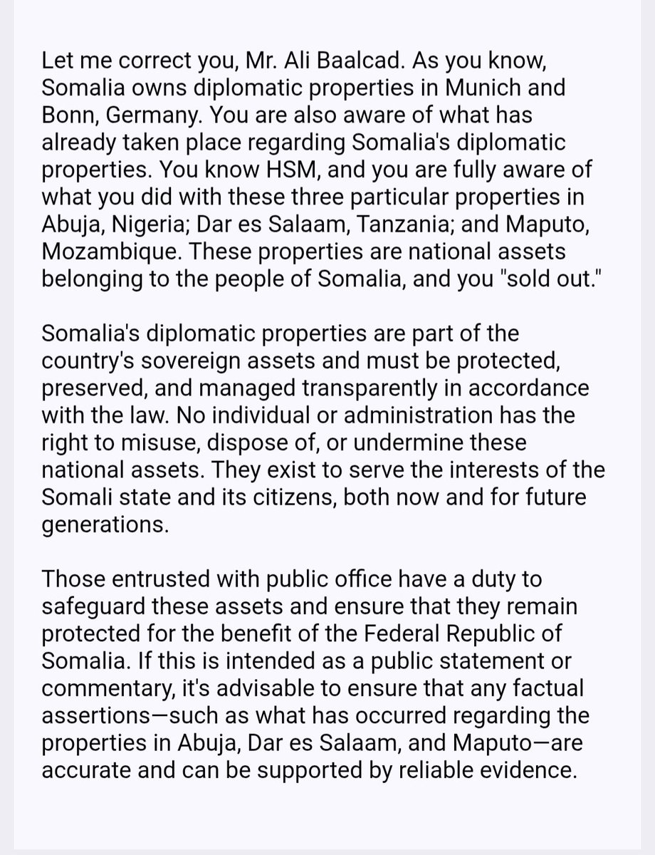 m_amb's tweet photo. Let me correct you, Mr. Ali Baalcad. As you know, Somalia owns diplomatic properties in Munich&amp;Bonn,You are also aware of what has already taken place regarding Somalia's diplomatic properties. You know HSM&amp;your cartels are fully aware of what you did. @AliOmarMP @SheiknorQassim https://t.co/r06qGDFJ5H