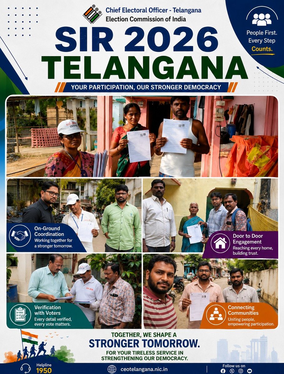CEO_Telangana's tweet photo. 📢 On-Ground Efforts for an Inclusive and Error-Free Electoral Roll

#SIR2026 #CEOTelangana #ECI #VoterAwareness #EnumerationForm  #EnumerationPhase #SpecialIntensiveRevision
@ECISVEEP @SpokespersonECI @IPRTelangana @PIB_India @PIBHyderabad @airnewsalerts @AirHyderabad https://t.co/oUaH6suBUG