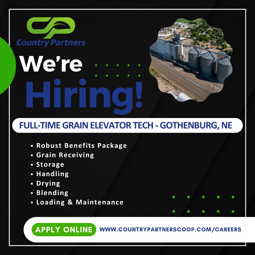 CountryPartner's tweet photo. We are hiring for a grain elevator technician at our Gothenburg grain facility. Apply today at https://t.co/FiIf3tJX6P https://t.co/Ji1hJJxjoG