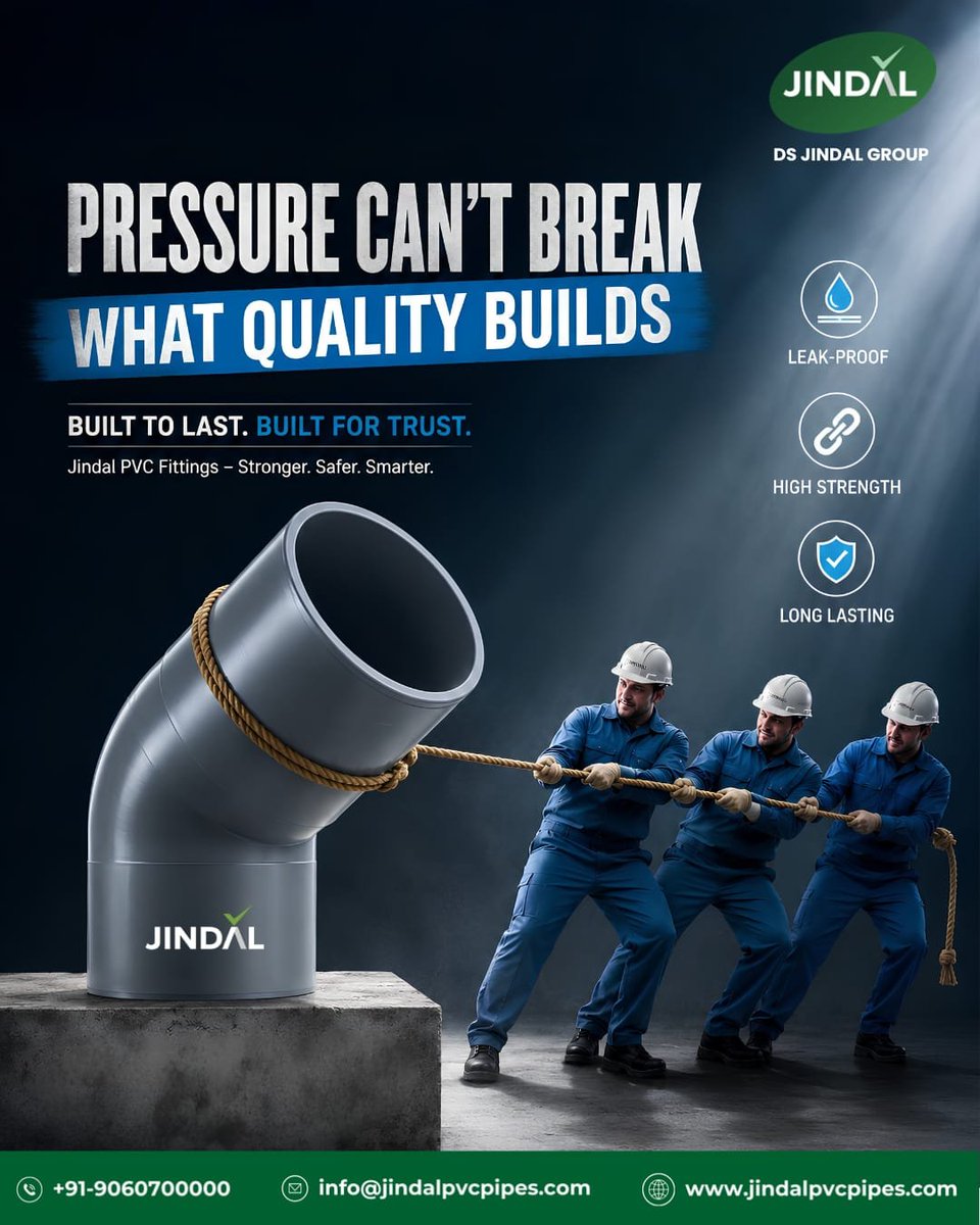 DSJindalGroup's tweet photo. Jindal PVC Fittings deliver leak-proof performance, superior strength, and long-lasting reliability.
Built for precision. Built for confidence.
π +91-9060700000
π https://t.co/JQDKlUaztt
#JindalPVCPipes #PVCFittings #LeakProof #BuiltToLast #TrustedQuality #DSJindalGroup https://t.co/7bJw77KTlI