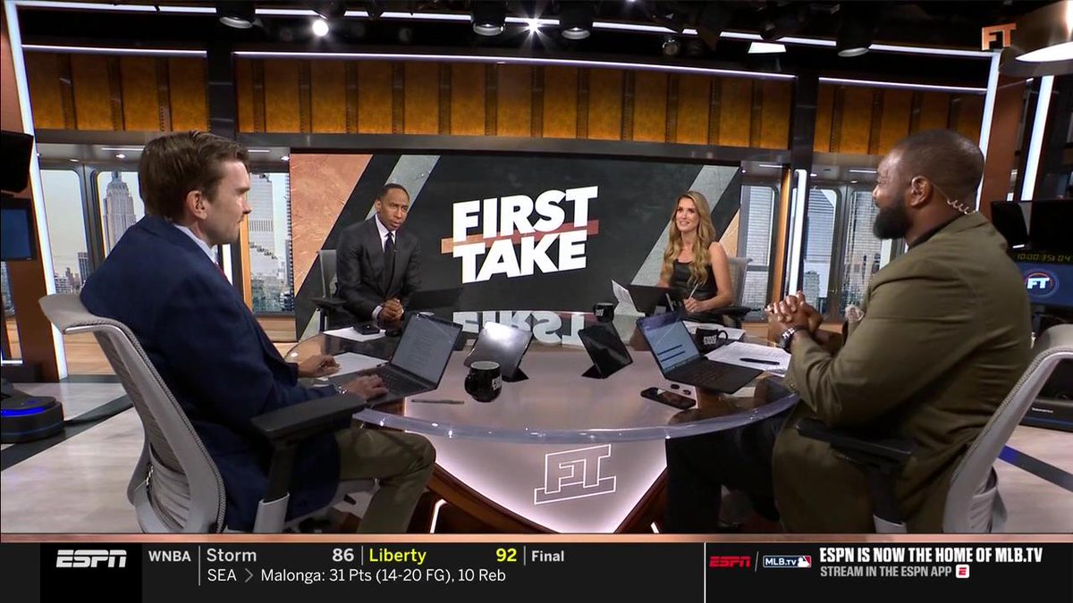 AlexFeuz's tweet photo. Two thirds of @UnSportsESPN on @FirstTake this morning! 

Fun to see @msmallmon host alongside @stephenasmith, @ChrisCanty99 &amp; @bykevinclark https://t.co/Y97cAzNVTa