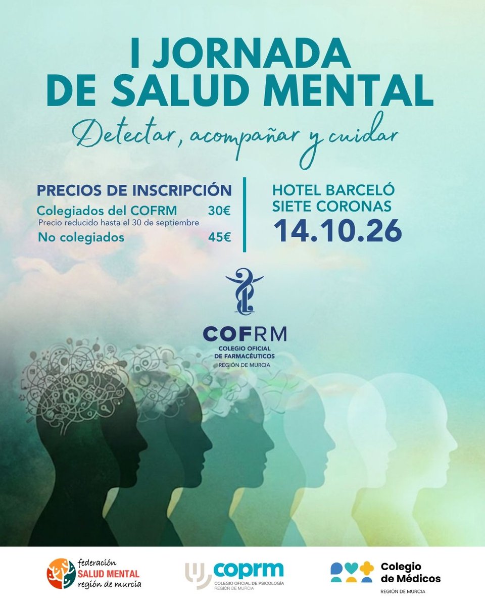 cofmurcia's tweet photo. 📢 ¡Ya puedes inscribirte en la "I Jornada de Salud Mental: acompañar, detectar y cuidar"!

👉 Un encuentro que organizamos junto a @COPsicologia, @commurcia y @SaludMentalRM  para abordar el Trastorno Mental Grave. https://t.co/qdz5OdMary