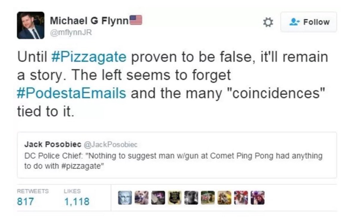 jimstewartson's tweet photo. The crime of the century.

10/7/16, 12:30PM ET: Jeffrey Epstein, Peter Thiel, Russian UN Amb. Vitaly Churkin meet at Epstein’s house
3:30PM: Obama’s ODNI announces Wikileaks dumps are “Russian-directed”
4:03PM: Access Hollywood tape released
4:30PM: Wikileaks releases first of 34 Podesta dumps

As detailed in the Mueller report, 600 Russians directed by Prigozhin’s Internet Research Agency were flooding social media with anti-Hillary propaganda. One of the most prolific was “TEN_GOP”.

Thiel funded “MAGA3X” a covert group set up to run psychological operations in the campaign. Soon-to-be incoming NSA Mike Flynn tweeted the hashtag over 50 times and mentioned it constantly on Trump’s campaign. Flynn also explicitly told people to “add” and “RT frequently” the Russian account “TEN_GOP.”

MAGA3X operatives went on to run psyops using the GRU-hacked. “PodestaEmails” including the horrific “Pizzagate” campaign which projected the crimes of Epstein and Trump onto Hillary. Flynn family friend Jack Posobiec targeted a pizza restaurant, which was subsequently shot up by a gunman with an AR-15.

This was a coordinated takedown of the most qualified person to ever run for president by a foreign government in direct collusion with Americans, including Mike Flynn, Peter Thiel and child rapist Jeffrey Epstein.

I will never forgive and I will never forget.