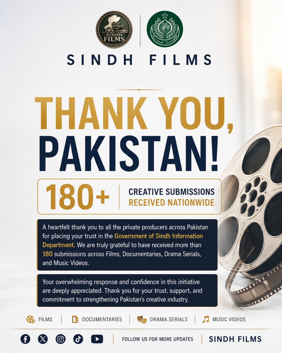 SindhFilms's tweet photo. THANK YOU, PAKISTAN! 🇵🇰
Thank you for your trust and support. Proud to receive 180+ submissions across Films, Documentaries, Drama Serials & Music Videos. Together, we're strengthening Pakistan's creative industry.
#SindhFilms #SindhGovt #ThankYouPakistan #180Plus https://t.co/XK0eZzOS6p