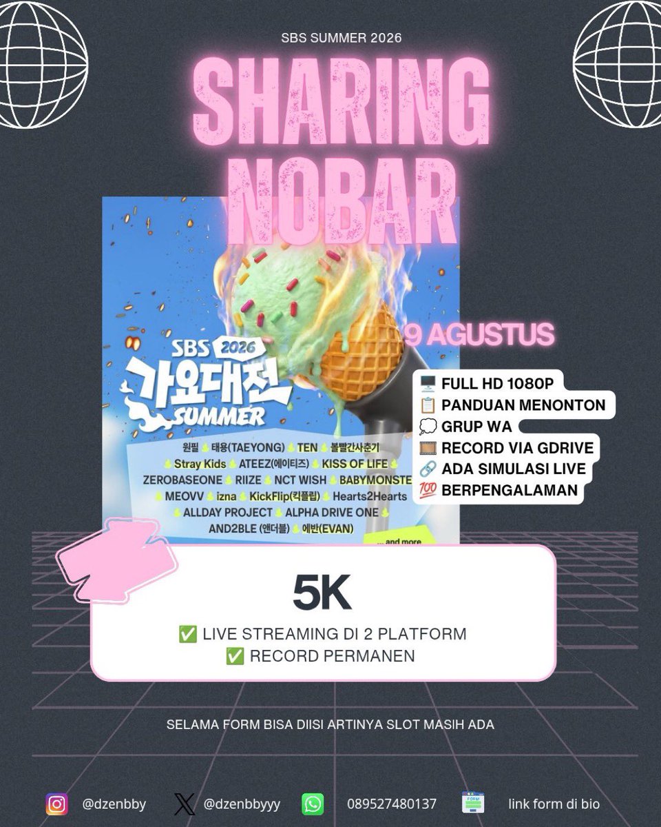 dzenbbyyyyy's tweet photo. OPEN SHARING NOBAR 2026 SBS GAYO DAEJEON SUMMER 

💵 5K (live dan record)  

🗓️ 9 Agustus 2026 

Include :
✅ Live streaming di 2 platform 
✅ Record di gdrive permanen
✅ 1080p
✅ Tes live 
✅ Panduan menonton di grup WA

📩 Link form di bio https://t.co/nyA0kEw8E4