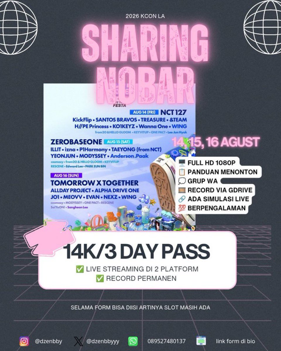 dzenbbyyyyy's tweet photo. OPEN SHARING NOBAR 2026 KCON LA

💵 14K/3 DAY PASS

🗓️ 14, 15, 16 Agustus 2026  

Include :
✅ Live streaming di 2 platform 
✅ Record di gdrive permanen
✅ 1080p
✅ Tes live 
✅ Panduan menonton di grup WA

📩 Link form di bio https://t.co/rBHUNeOV1R
