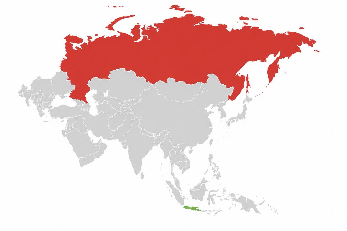 theiaincameron's tweet photo. Java, a single island in Indonesia (green), contains more people than Russia (red). https://t.co/KUwmW6XuRv