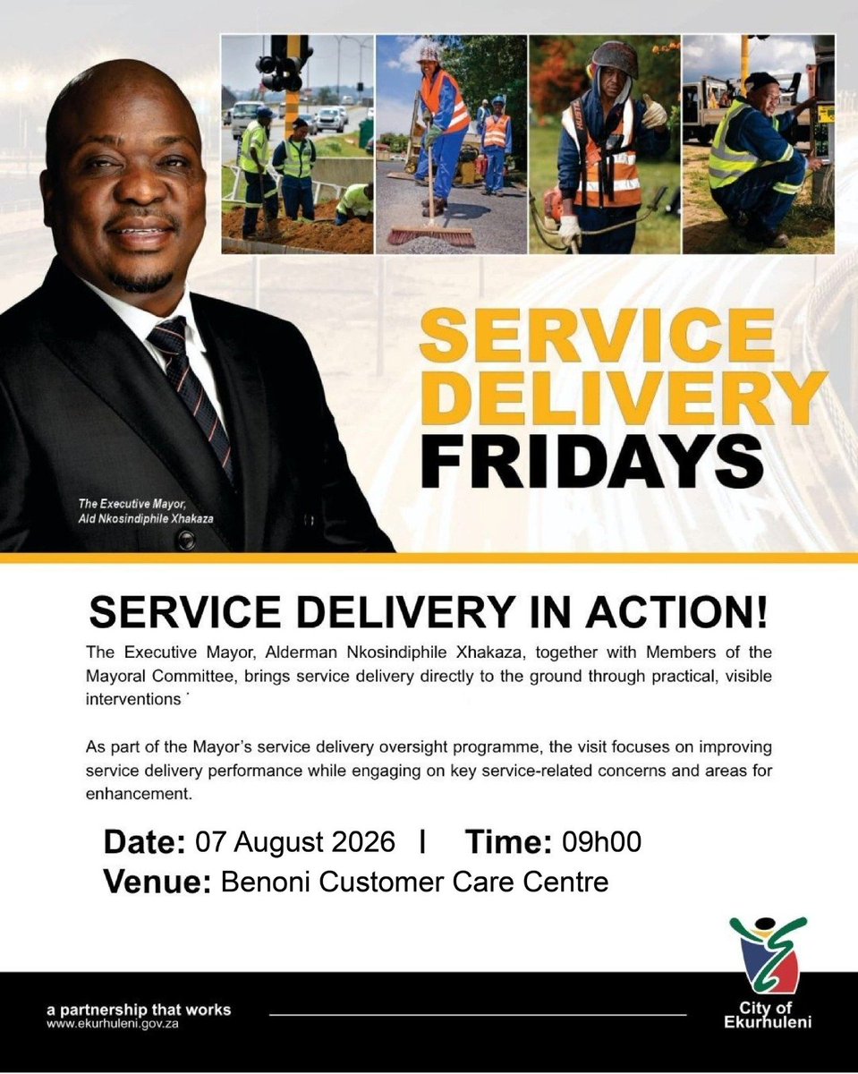 City_Ekurhuleni's tweet photo. 🚧 #ServiceDeliveryFridays

The City of Ekurhuleni remains committed to improving service delivery through visible action and community engagement.

Join Executive Mayor Alderman Nkosindiphile Xhakaza and Members of the Mayoral Committee for a Service Delivery Friday https://t.co/Xx5AYK7pj6