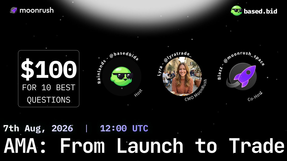 moonrush_space's tweet photo. 🟣 @moonrush_space x @basedbidx AMA: From Launch to Trade

📍 Live on X Space
🗓 Aug 7 | 12:00 UTC
💰 $100 prize pool - 10 questions win $10 each
   (5 picked from comments, 5 from the live AMA)

How to join:
1️⃣ Follow @basedbidx, @moonrush_space & @lyratrade_
2️⃣ Like & Repost this post
3️⃣ Drop your question in the comments (5 winners picked here)

🎤 Speakers:
Rainlands - Basedbid
@lyratrade_ - MoonRush

Winners paid via the MoonRush app.
Download + join to claim.