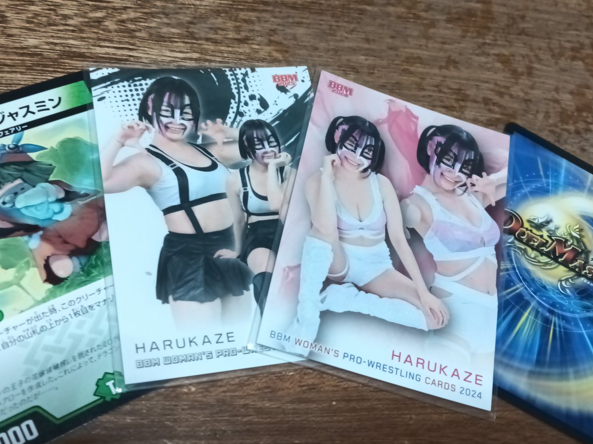 relasault's tweet photo. 帰宅したら推し様のはるかぜさんのBBMのプロレスカードが届いてましたー！なぜか、デュエルマスターズのカード付きでしたが、素敵なカード、大事にしますッ！！ https://t.co/su9nqmaDkj