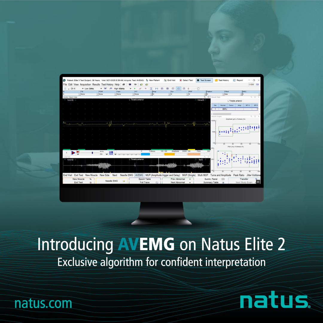 rooneymtr's tweet photo. Introducing Audio-Visual electromyography (AVEMG), an exclusive algorithm within Natus Elite Software that delivers live quantification of audio and visual characteristics of EMG. AVEMG augments clinical expertise with objective assessment, providing real-time guidance and… https://t.co/HpORVH9OVM