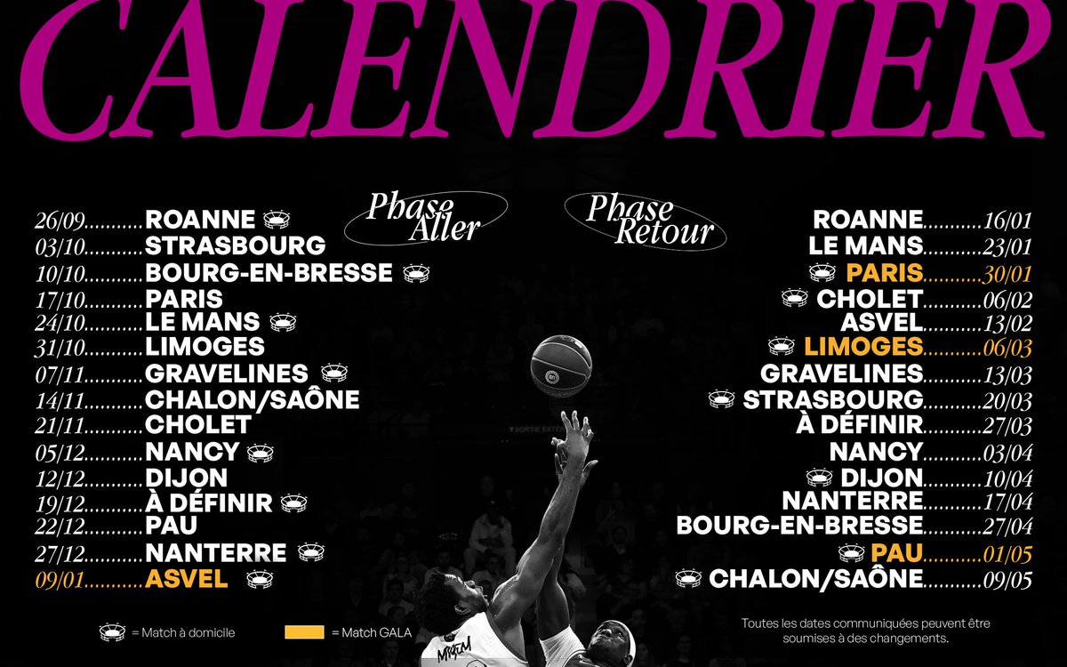 BoulazacBasketD's tweet photo. 𝗟𝗘 𝗖𝗔𝗟𝗘𝗡𝗗𝗥𝗜𝗘𝗥 𝗗𝗘 𝗟𝗔 𝗦𝗔𝗜𝗦𝗢𝗡 ! 🖤

Découvrez le programme des matchs du Boulazac Basket Dordogne pour la saison 2026-2027. https://t.co/YjiqNIHHHU