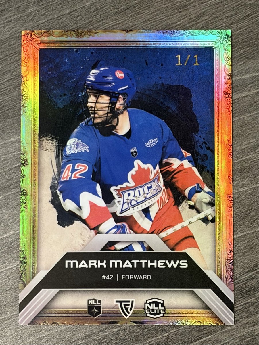 roseyscards's tweet photo. A card fit for a (4x) Champion!! Made a real fun trade with our boy Sneuf from the Coq last week for this @markmatthews222 from the new @NLL @tfltradingcards Elite set.  Love collecting all cards of my teammates but especially 1/1’s 🔥🔥#NLLChamps #LacrosseCards @TorontoRockLax https://t.co/EIzEMFS40D