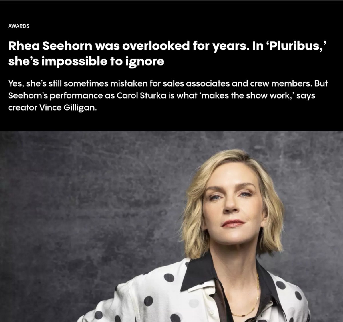 dailyplur1bus's tweet photo. Seeing Apple TV go all out for Rhea Seehorn's Emmy campaign after AMC and BCS family not being able to promote her as much due to the strikes the last time she was nominated means a lot for longtime fans 😭 #Pluribus https://t.co/ASwYWFHUq7