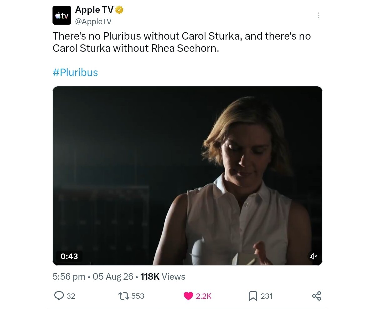 dailyplur1bus's tweet photo. Seeing Apple TV go all out for Rhea Seehorn's Emmy campaign after AMC and BCS family not being able to promote her as much due to the strikes the last time she was nominated means a lot for longtime fans 😭 #Pluribus https://t.co/ASwYWFHUq7