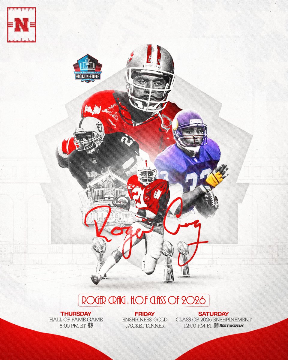 HuskerFootball's tweet photo. 📺 Tune in this week as Roger Craig is welcomed to the Pro Football Hall of Fame! https://t.co/2iwmJhlGuY