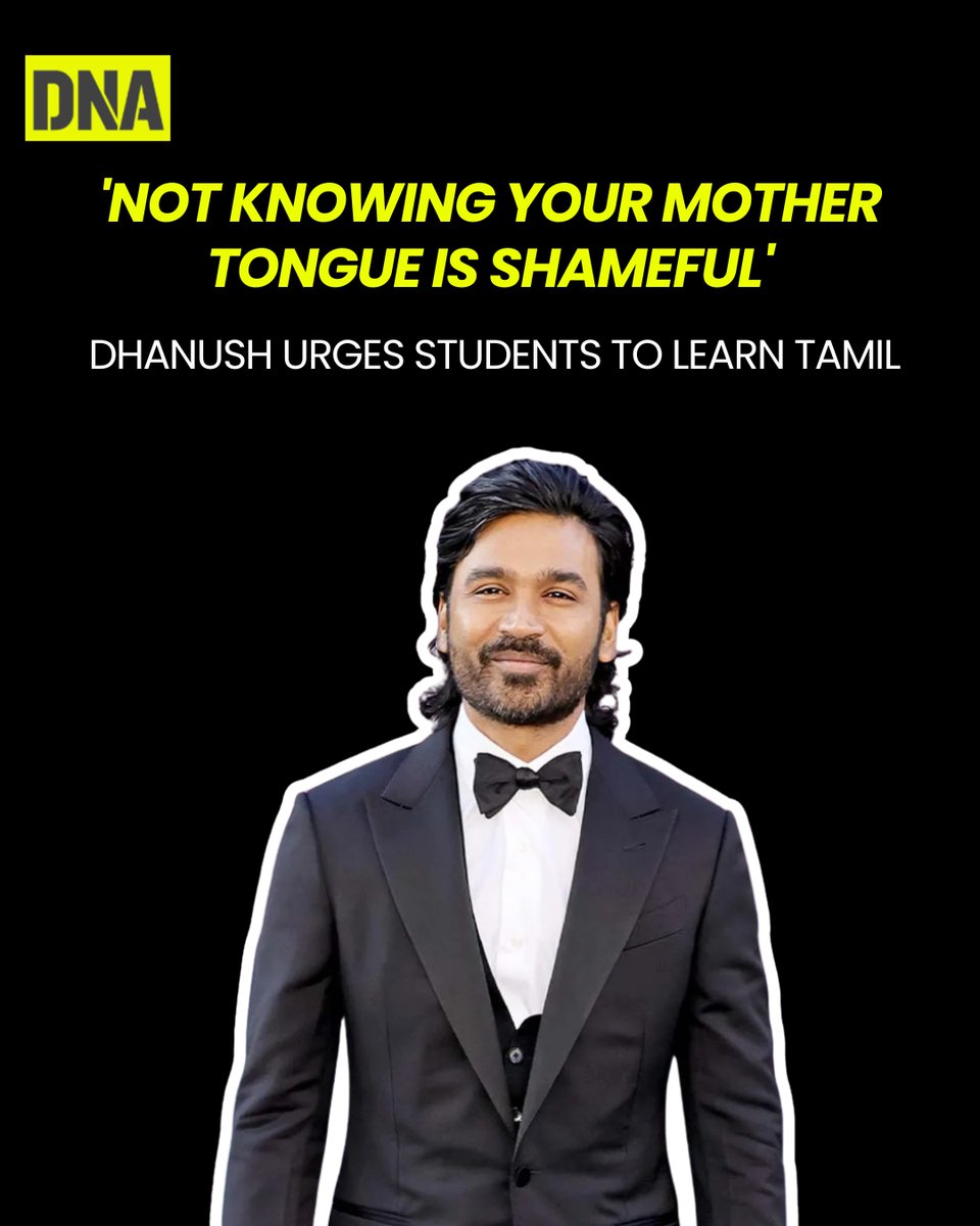 dna's tweet photo. Actor Dhanush spoke about the importance of knowing one’s mother tongue during his visit to Thai Sathya Matriculation School in Chennai, his alma mater. Addressing students in Tamil, he stressed the need to learn the language and said no one should feel proud about not knowing it.

#Dhanush #Tamil #DNAUpdates