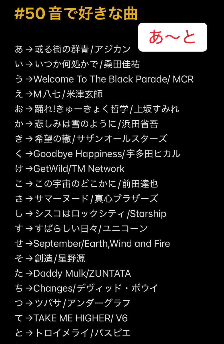 IceSirokuma's tweet photo. できた！
1アーティスト1曲縛りで厳選した
#50音で好きな曲 です！
みんなもどうぞ！！！

ぬから始まる曲なかったから誰か教えて https://t.co/IzSV9CNhkb