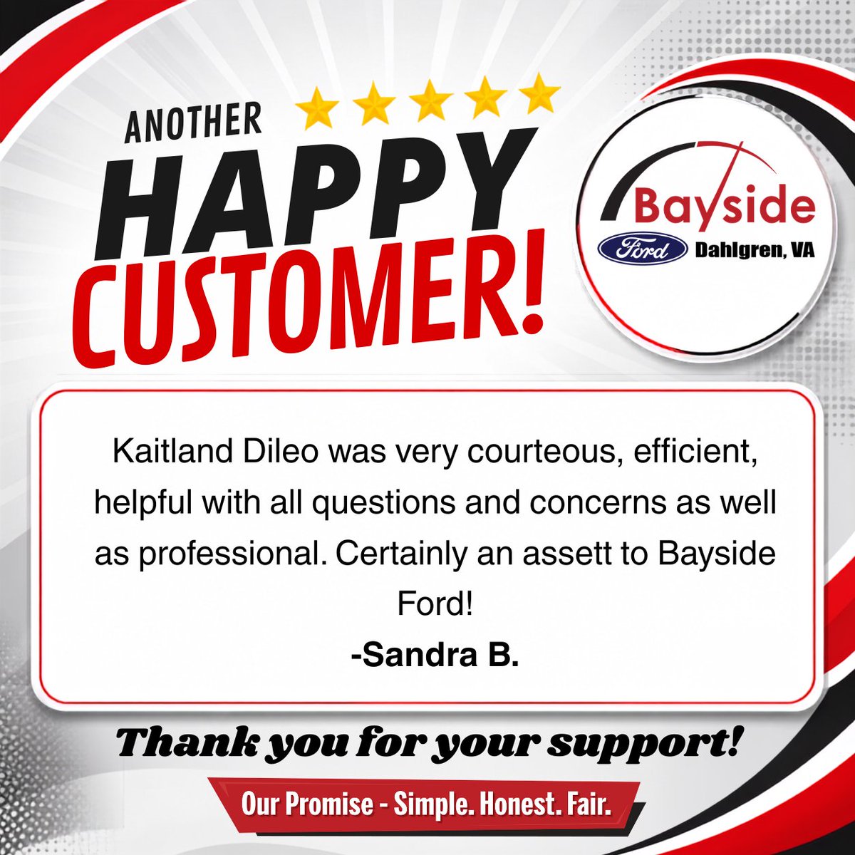 BaysideFord's tweet photo. Another happy customer! ⭐

There's nothing better than hearing about a great experience from the people who matter most—our customers. Thank you for taking the time to share your kind words. 

📲 540-709-1280
📍 17020 Consumer Row, King George, VA
🖥️ https://t.co/HN5KJmRWj9 https://t.co/SXTYJsqjGD