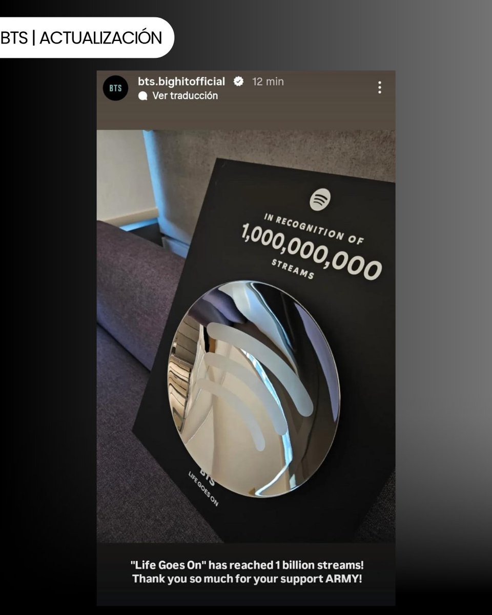 ConnectedBts's tweet photo. ACTUALIZACIÓN 📲
bts.bighitoficial ✔️ a través de las historias de ig
Traducción 👇🏻
"Life Goes On" ha alcanzado 1 billion de reproducciones.
¡Muchas gracias por su apoyo ARMY!
Felicidades @BTS_twt 👏🏻💜🎊
#BTS #BTSChile #btsupdates #btsarmy https://t.co/QqivABWEI9