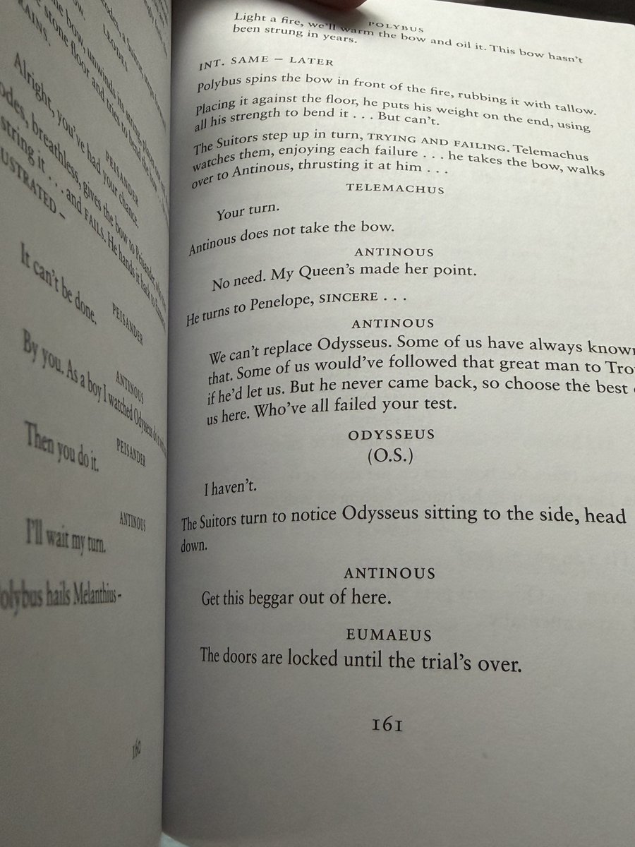 OfficialJoelF's tweet photo. The Odyssey screenplay came in mail today. Immediately flipped to the viral part with Robert Pattinson as Antinous saying “can somebody get these beggars out of here!” 

The script had it as “Get this beggar out of here.” His delivery was perfect. https://t.co/MMkovnPx7k