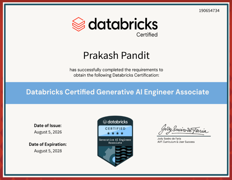 code_n_learn's tweet photo. Excited to share that I have earned Databricks Certified Generative AI Engineer associate certification. Greatful for the learning journey and looking forward to applying these skills to solve real-world problems.

https://t.co/0o0eAUUvAB https://t.co/lrktx7OBi5