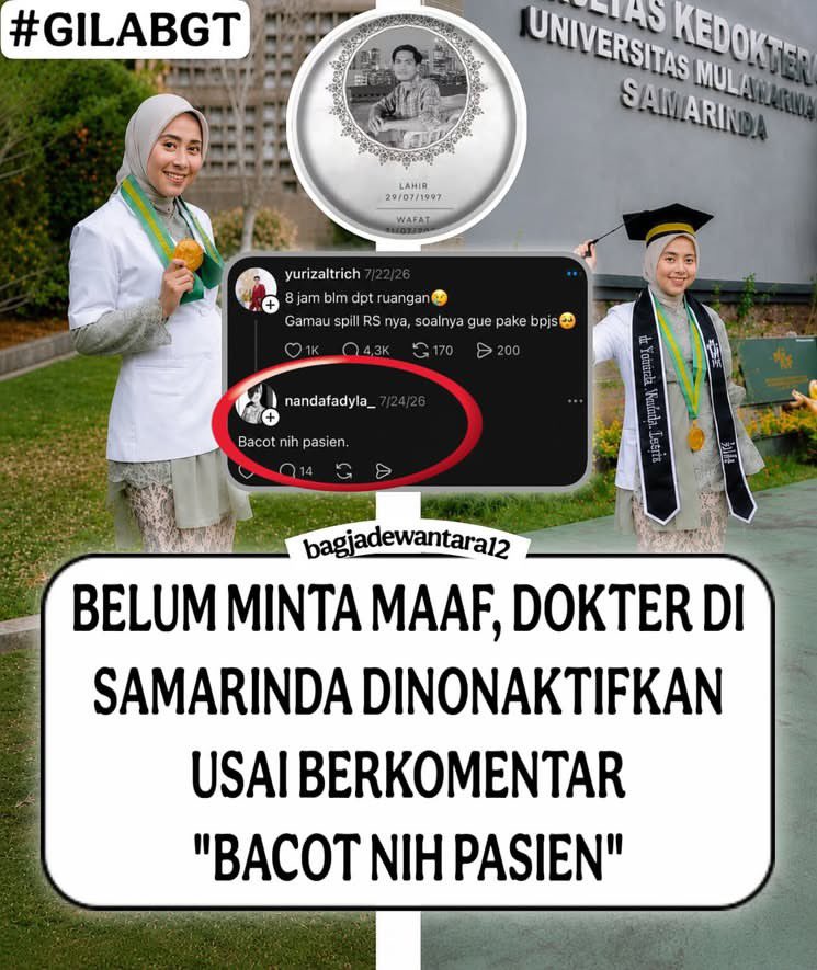 vebr34231's tweet photo. RSUD IA Moeis Samarinda memproses seorang dokter berinisial RM setelah komentarnya soal pasien BPJS yang meninggal dunia menjadi sorotan di media sosial. Pihak rumah sakit menyebut dokter tersebut telah dipanggil, diproses sesuai aturan disiplin, dan menyampaikan permintaan maaf.

#GILABGT

cc bagjadewantara12