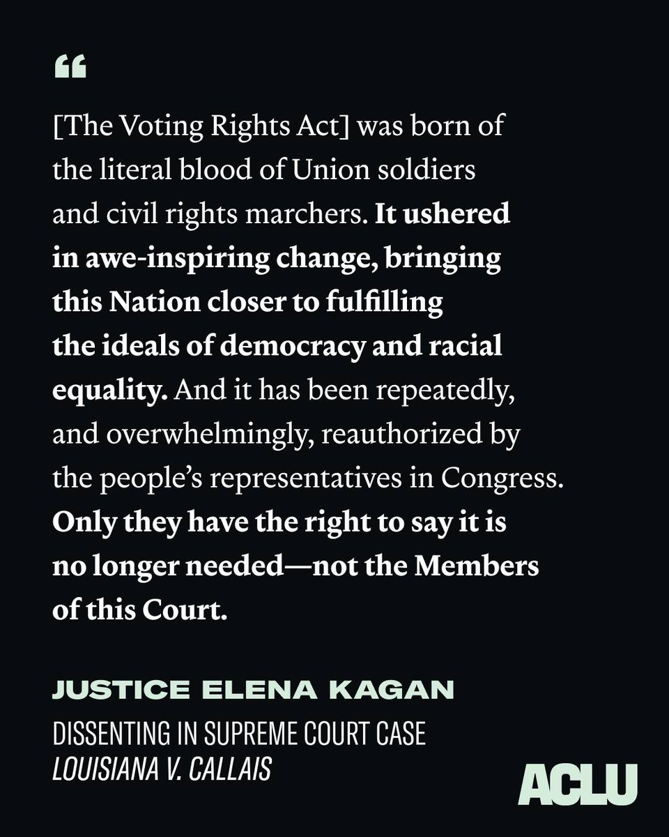 ACLUIndiana's tweet photo. On the 61st anniversary of the Voting Rights Act, we remember how much this law removed barriers that had kept Black Americans from the ballot and drove a historic rise in Black representation.

After Louisiana v. Callais, we won't stop fighting. https://t.co/J02xNSTVmB