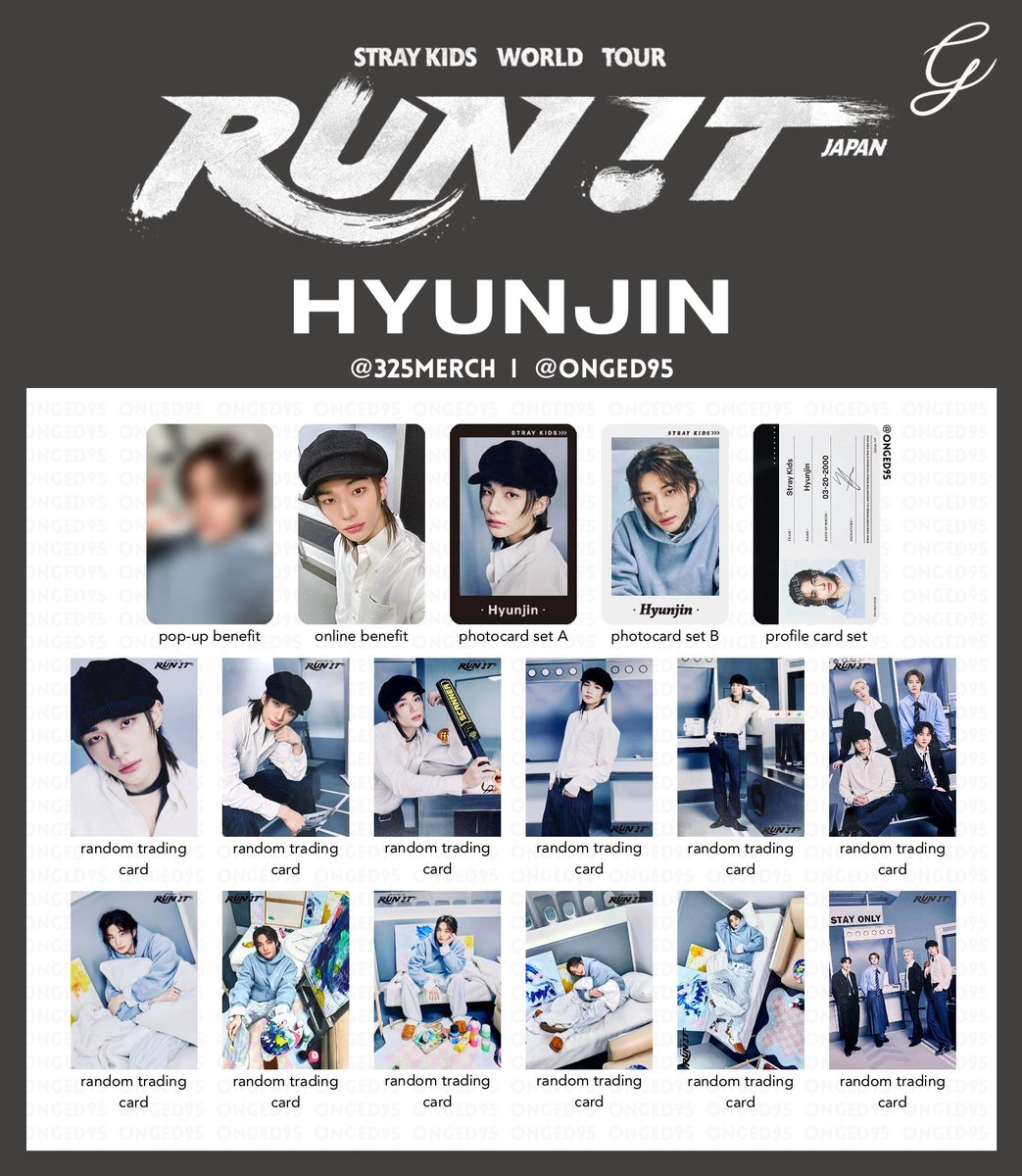325merch's tweet photo. Stray Kids World Tour <RUN IT JAPAN> MD photocard list — individual

스트레이키즈 스키즈 월드투어 런잇 일번 재팬 엠디 포카 리스트 スキズ トレカ 一覧 

bang chan • lee know • changbin • hyunjin https://t.co/yfa3TCyScn