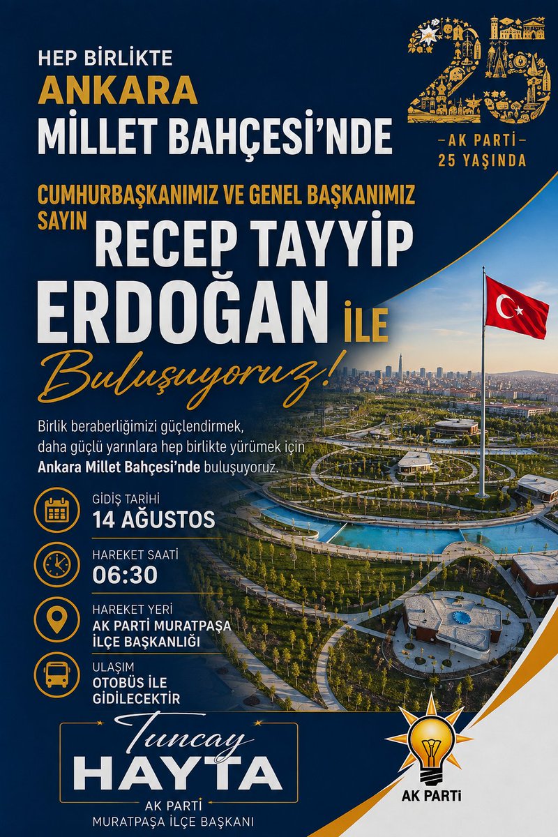 tuncayhayta's tweet photo. Değerli Dava ve Yol Arkadaşlarım,

Partimizin 25. kuruluş yıl dönümünü, hep birlikte büyük bir coşku, güçlü bir teşkilat ruhu ve yakışan bir katılımla kutlayacağız.

Bu anlamlı günde; çeyrek asırlık eser ve hizmet siyasetimizi, milletimizle kurduğumuz güçlü bağı ve Türkiye Yüzyılı hedeflerimizi hep birlikte bir kez daha haykıracağız. Muratpaşa Teşkilatı ve Milletimiz ile birlikte bu tarihi güne en güçlü şekilde imza atmak istiyoruz.

Ancak önemli bir hususu özellikle paylaşmak isterim.

Muratpaşa ilçemize ayrılan kontenjan yalnızca 300 kişidir. Yaklaşık 34.600 üyeye sahip büyük bir teşkilat olarak bu kontenjanın çok kısa sürede dolacağını öngörüyoruz.

Kontenjanın sınırlı olması nedeniyle
Programa katılmak isteyen tüm dava arkadaşlarımızın ve milletimizin, vakit kaybetmeden

İrtibat: Hasan Ünal
Telefon: 0 (532) 430 51 17

İrtibata geçip kaydınını yaptırması gerekmektedir.

Kontenjan dolduktan sonra maalesef ilave kayıt alma imkânımız bulunmayacaktır.

Bu tarihi günde Muratpaşa’nın gücünü, heyecanını ve birlik ruhunu hep birlikte ortaya koymak istiyoruz.

Lütfen kayıt işleminizi son ana bırakmayın. Hasan Ünal Başkanımıza ulaşarak kaydınızı en kısa sürede yaptırmanızı önemle rica ediyorum.

25. kuruluş yıl dönümümüze yakışan güçlü bir birlik ve beraberlik tablosunu hep birlikte oluşturacağımıza yürekten inanıyorum.

Allah’a emanet olun.

Selam ve muhabbetlerimle.

@rterdogan
@abuyukgumus 
@yahyacelik_ 
@MustafaCanbey 
@menderesturel
@MevlutCavusoglu
@alicetin_07
@kemalcelik007
@avmustafakose 
@ethemtas
@tubavuralcokal  
@atayuslu 
@SerapProf 
@akpartiantalya7 
@ak_muratpasa
@akkadnmuratpasa
@AkGenclikMuratp