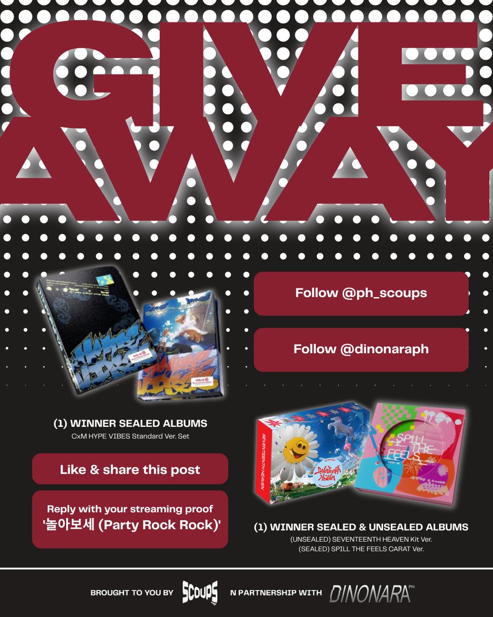 ph_scoups's tweet photo. Want something to celebrate?! We'll give you something to #PartyRockRock about 😌

It's a JOINT CELEBRATION! Stream DINO's album for SCOUPS' birthday to win SEALED CxM & SEVENTEEN albums!

MECHANICS
1️⃣ Follow @ph_scoups & @dinonaraph 
2️⃣ Like & share this post
3️⃣ Reply with your streaming proof of '놀아보세 (Party Rock Rock)'

Nobody loves SEVENTEEN more than SEVENTEEN, but let's try our hardest to love them even more 💎

HAPPY STREAMING! 🎧

#SCOUPS #에스쿱스 
#DINO #吉BOARD