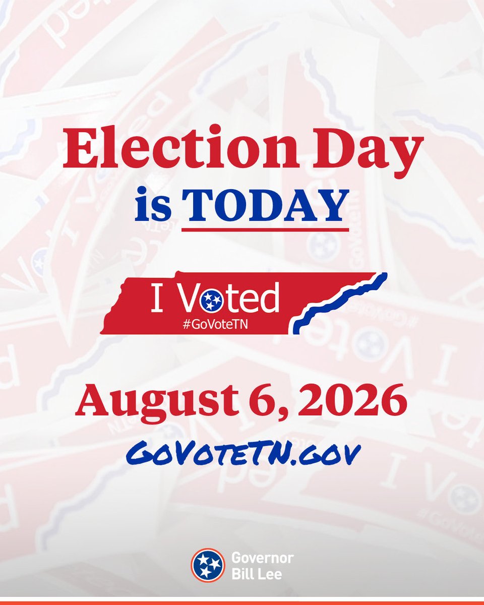 GovBillLee's tweet photo. Tennesseans — today is the final day to cast your vote in Tennessee’s State & Federal Primary Election.
Polls are open until 7 p.m. CT/ 8 p.m. ET. Visit https://t.co/tPp3CPbgdT to find a polling location near you. #GoVoteTN https://t.co/Ga1DsAG6ak