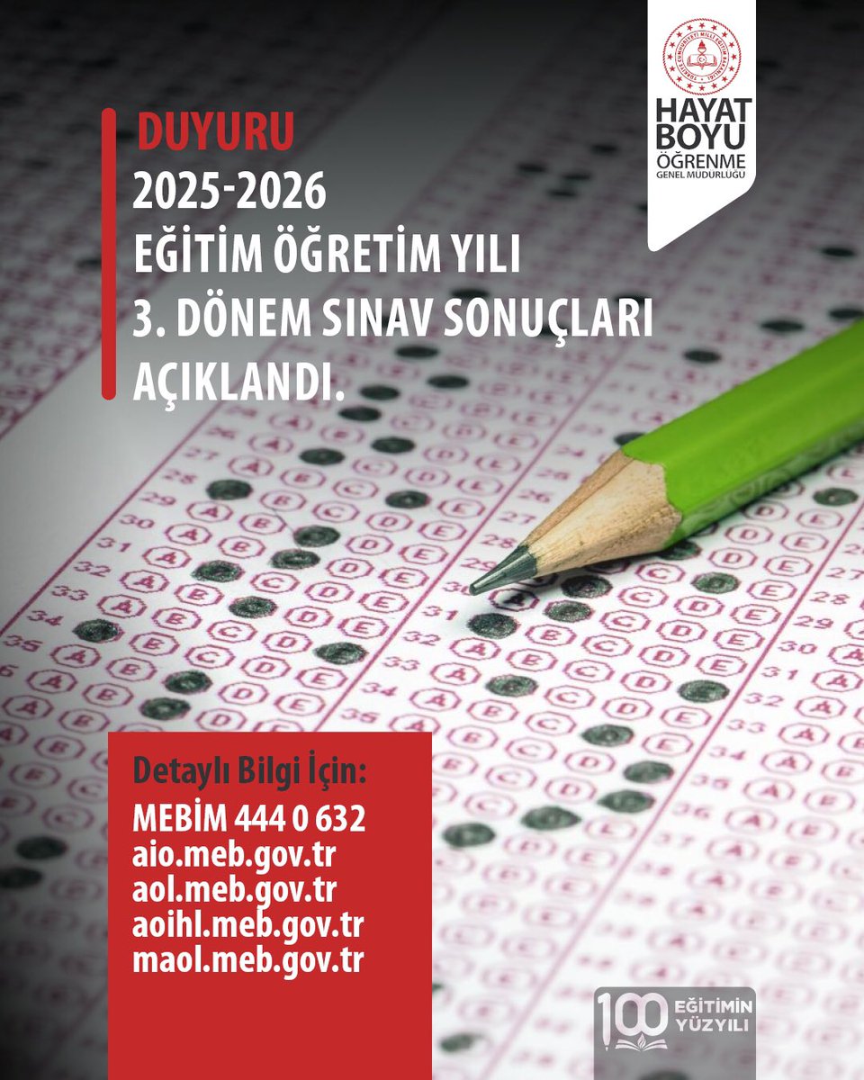 mebhbogm's tweet photo. Açık Öğretim Kurumlarının 2025-2026 Eğitim Öğretim Yılı 3. Dönem Sınav Sonuçları Açıklandı.

Sınav sonuçlarını Açık öğretim liseleri öğrencileri, Öğrenci/T.C. Kimlik Numarası ve şifreleri ile  
👉 https://t.co/RIjDloMYpu   

Açık Öğretim Ortaokulu öğrencileri, Öğrenci/T.C. Kimlik Numarası ve şifreleri ile  
👉 https://t.co/8YT2vz050T   

resmî internet adresinden sisteme giriş yaparak öğrenebilirler. 

Detaylı Bilgi İçin:

📞MEBİM 444 0 632
https://t.co/zoCGNhhtyd 
https://t.co/vqFgWu9gUu
https://t.co/T69mR1yJzO
https://t.co/YdHFLXaNM5

#HayatBoyuÖğrenme

@tcmeb
@Yusuf__Tekin 
@CelileErenOKTEN 
@topogluemre