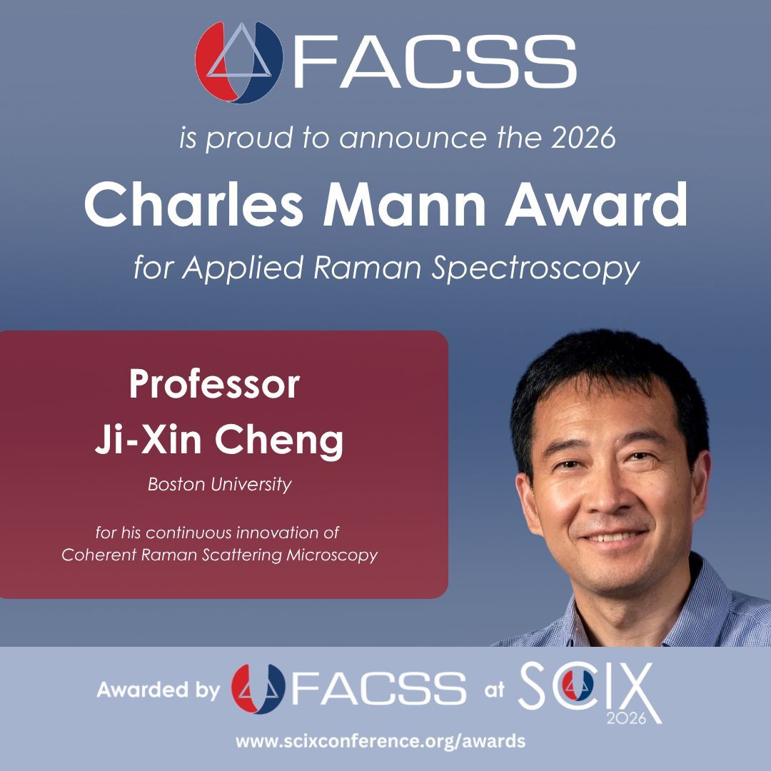 FACSSnetworking's tweet photo. Announcing the 2026 Charles Mann Award for Applied Raman Spectroscopy! Join us in celebrating Professor Ji-Xin Cheng at SciX 2026!
👉 https://t.co/trUNTVoXwD
#SciX2026 #FACSS #CharlesMannAward https://t.co/2kSs8S0utt