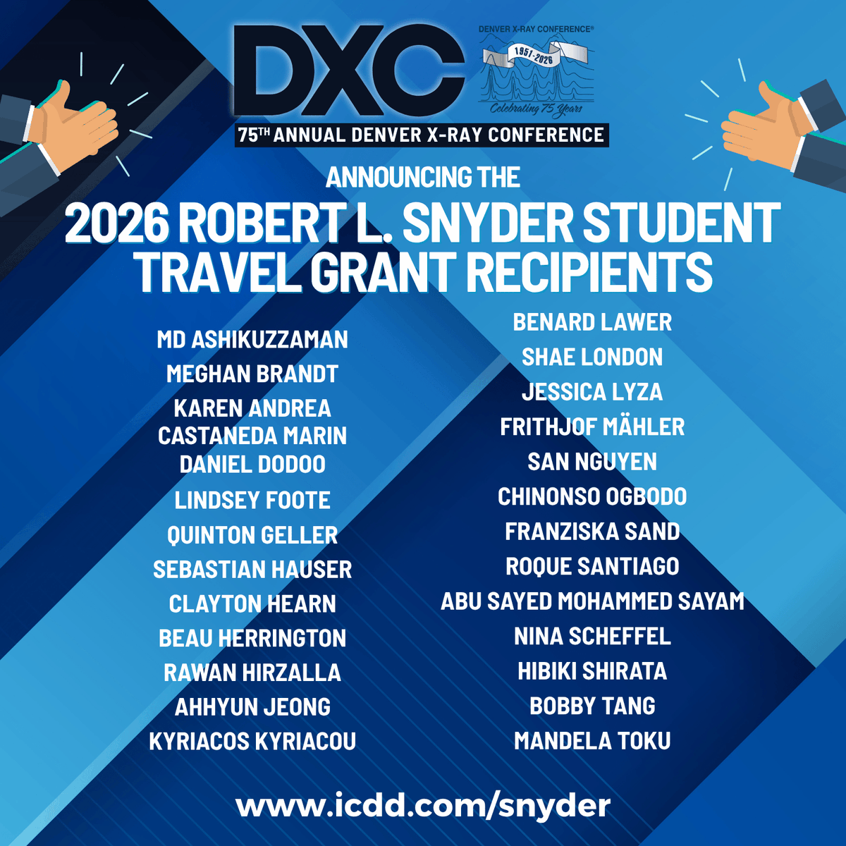 icddicdd's tweet photo. Announcing the 2026 Robert L. Snyder Student Travel Grant Recipients. Congratulations! https://t.co/8ekAPSEh9d https://t.co/TVEow6CQZN