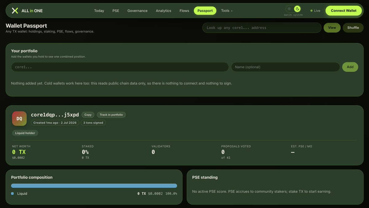 silk_nodes's tweet photo. This is live now, on the passport page 🙏 check it and give us feedback.

Add any core1 address, name them, and you get one combined view: total, staked, liquid, unbonding, rewards, and every token across all of them.

It also flags stake sitting with jailed validators earning nothing, and liquid $TX not staked with what it forgoes at the current rate.

Your wallet list stays in your browser and never reaches us, so cold wallets work fine. nothing to connect, nothing to sign.

Today page not done yet, that one needs more thought.