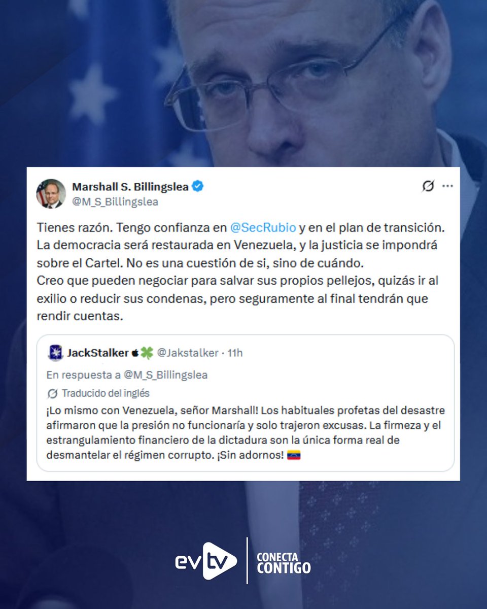 EVTVMiami's tweet photo. 🇻🇪 Billingslea prevé el fin del chavismo y advierte que la justicia los alcanzará

📢 Marshall Billingslea respaldó la ruta de transición democrática impulsada por la administración estadounidense y expresó plena confianza en el secretario de Estado, Marco Rubio, para el rescate institucional del país.

⚠️ El exfuncionario afirmó que figuras clave de la cúpula, como Delcy Rodríguez, podrían intentar negociar salidas de emergencia, como el exilio o la rebaja de penas, para salvar sus pellejos antes del desenlace.

📌 Billingslea remató con que la caída del Cartel es cuestión de tiempo y que, tarde o temprano, la rendición de cuentas ante la justicia será inevitable.

#NoticiasEVTV #TransicionVenezuela #EEUU #Venezuela