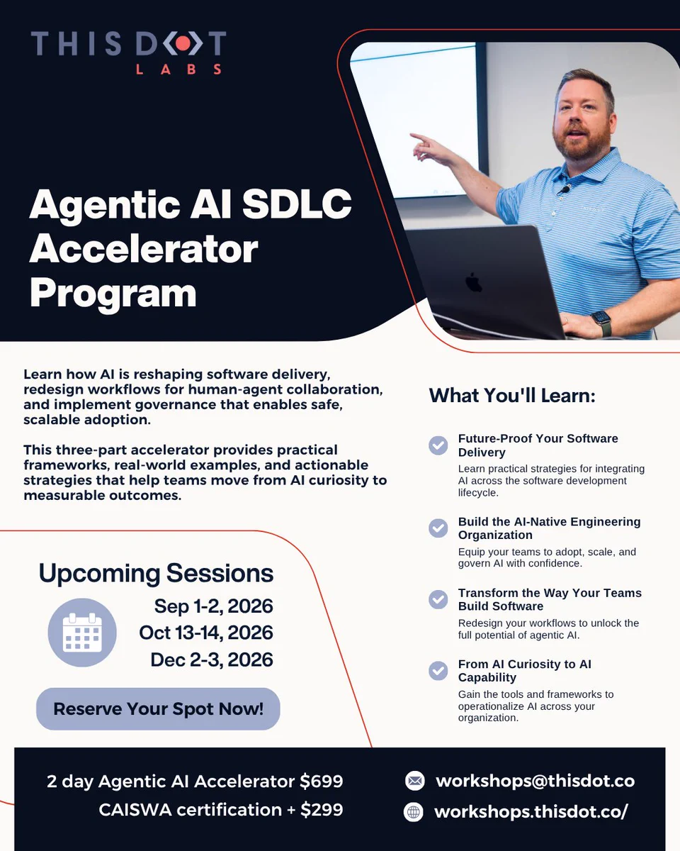 This Dot Labs graphic promoting the Agentic AI SDLC Accelerator Program, featuring an instructor presenting beside program details, upcoming September, October, and December 2026 sessions, pricing, and registration information.