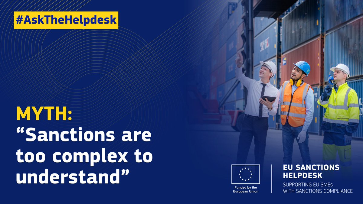 EEN_EU's tweet photo. 🤯 MYTH: Sanctions are too complicated for SMEs.
✅ FACT: The EU Sanctions Helpdesk team provides practical guidance &amp; tailored support to help SMEs navigate EU sanctions requirements with confidence.
 
#AskTheHelpdesk🔗 https://t.co/GI6RXgdCsb https://t.co/cDBIF2Q3EP