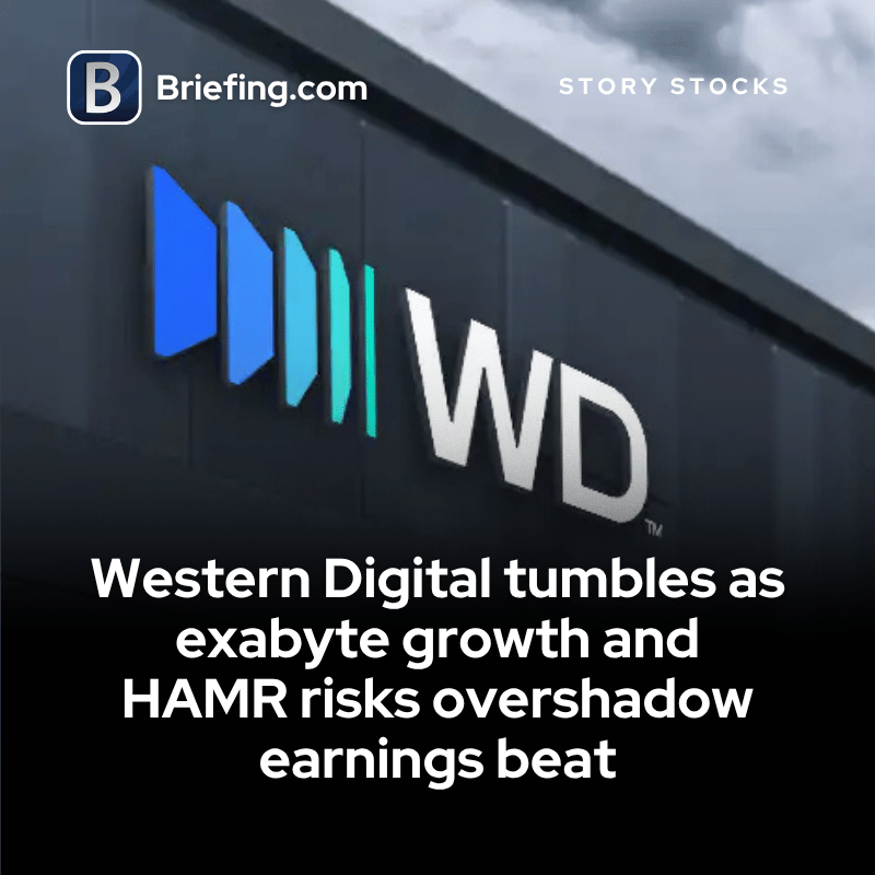 Briefingcom's tweet photo. $WDC: Western Digital (-10.5%) beat on EPS and revenue, but slowing exabyte shipment growth, a softer margin outlook versus peers, and ongoing HAMR execution concerns overshadowed the quarter. Full analysis: https://t.co/et6NHqzZD9 #WDC #Semiconductors #AI #Earnings #exabyte #techstocks #investing