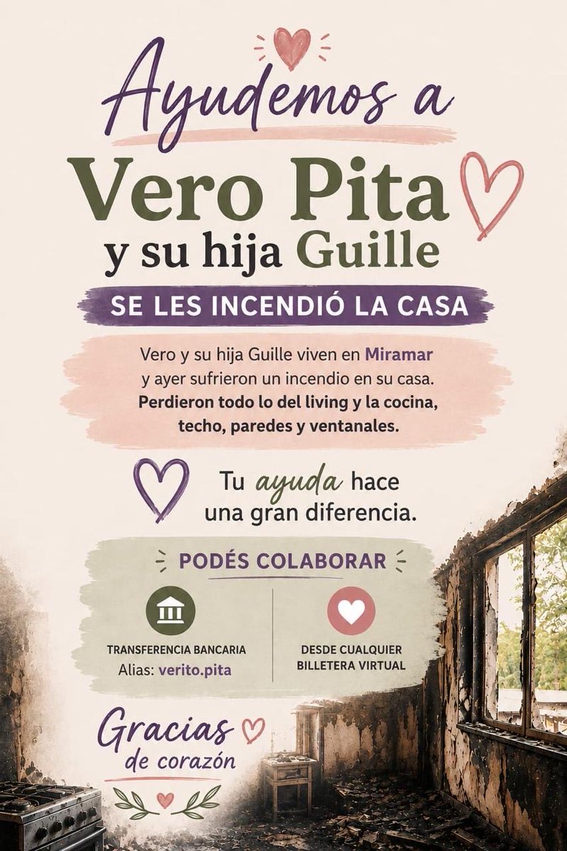 AdopcionNG's tweet photo. Vero y su hija Guille perdieron gran parte de su casa en un incendio. Si podés colaborar, cualquier aporte ayuda. ❤️
Alias: verito.pita
Gracias por compartir. https://t.co/CRwXOB7BLk