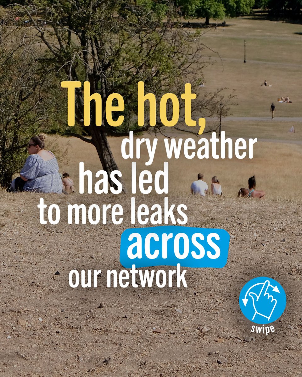 thameswater's tweet photo. Why are we seeing more leaks right now? Here's what's happening 👇
 
The recent hot, dry weather is putting extra pressure on our water network. When the ground dries out, it can shift putting more strain on the pipes. At the same time, higher demand for water increases the pressure in the network, making bursts and leaks more likely.
 
That's why our teams are currently fixing around 20% more leaks than normal - over 1,000 weekly, or one every 10 minutes.
 
We're also making major long-term improvements, replacing 100km of water mains since April last year as part of our biggest upgrade in 150 years.
 
With more than £500 million invested every year in finding and fixing leaks, we're working around the clock to reduce leakage and strengthen the network for the future. 💧