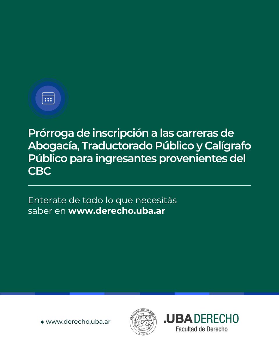 DerechoUBA's tweet photo. ❗ IMPORTANTE 📢 Prórroga inscripción a las carreras Abogacía, Calígrafo Público y Traductorado Público para ingresantes provenientes del CBC ➡ https://t.co/fVViAJmgMk
#CalendarioAcadémico2026 #IngresantesCBC https://t.co/G2khIzCOFZ