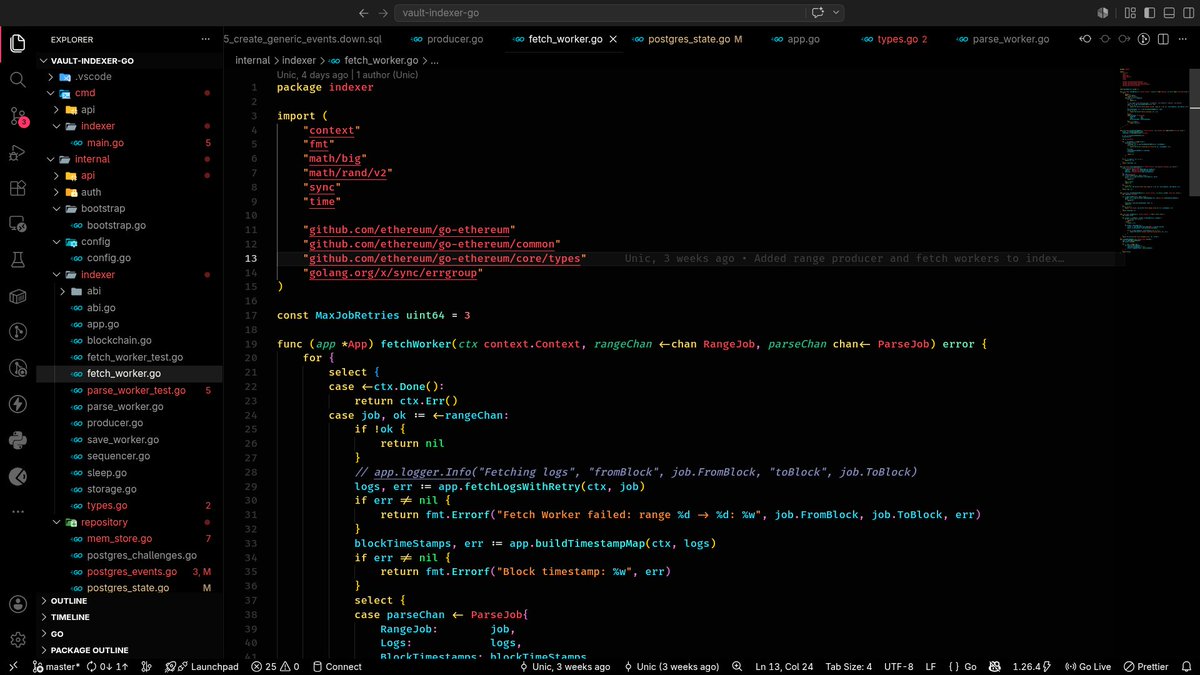 unicweb3's tweet photo. Built a smart contract event indexer in Go.

Concurrent log fetching, ordered event processing, retries, checkpoint recovery, and graceful shutdown.

Currently built for a Vault contract. 
Next up: making it configurable for any EVM contract. https://t.co/KNXVwyDXw2
