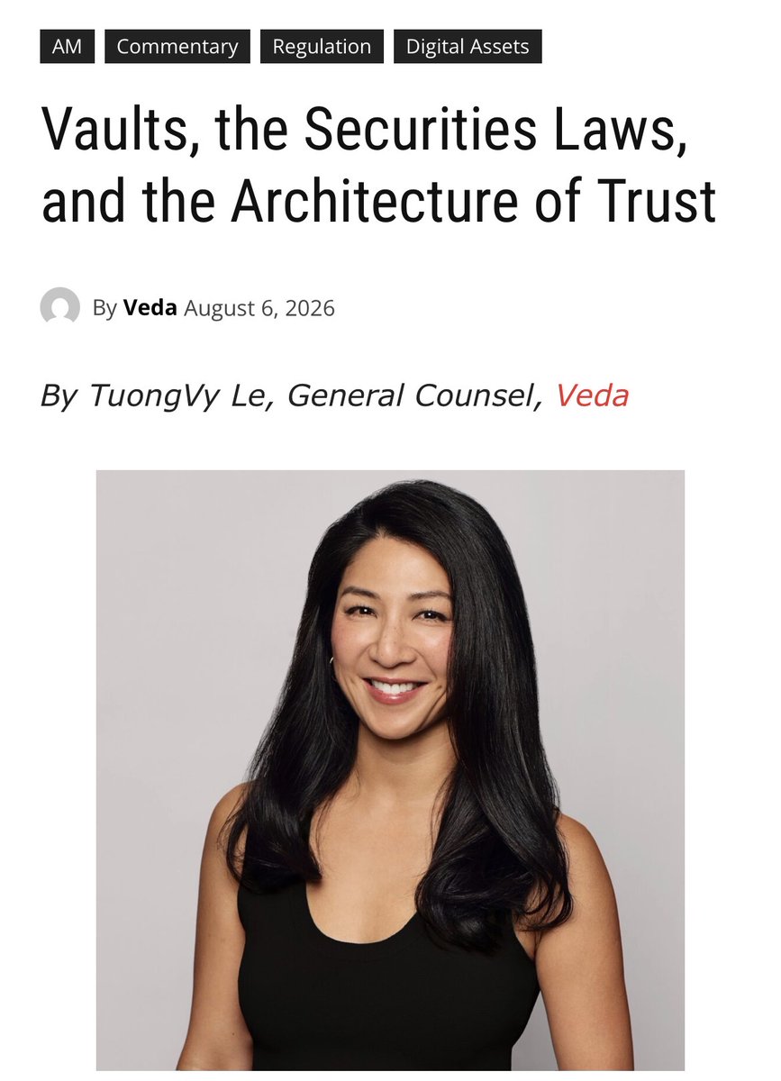 TuongvyLe12's tweet photo. @traders_tweets asked me to write about vaults and the securities laws in light of Comm'r Peirce's recent statement. Here's how we're thinking about it at @veda_labs:

For nearly a century, securities regulation has addressed a recurring problem: investors entrust assets to intermediaries who exercise legally significant authority on their behalf. Because that authority creates opportunities for abuse, the law imposes fiduciary duties, governance requirements, disclosure obligations, custody rules, and other protections. In fact, much of the federal securities laws can be understood as a response to the need for investors to trust intermediaries with continuing authority over their assets.

Modern software like vaults and decentralized on-chain lending present a different possibility. Some forms of authority that once had to be entrusted to an intermediary can now be constrained or eliminated through system architecture and cryptography. Investors may still rely on markets, pricing, counterparties, and the integrity of the software itself, but not necessarily an intermediary that exercises the same degree of continuing authority over their assets. Many vaults instead automate participation in an underlying market while leaving each participant’s custody, ownership, and legal relationship to their assets materially unchanged.

That does not make the securities laws less relevant, but it does change the threshold question: where do investors still have to trust a third party with legally significant authority over their assets? Viewed through that lens, I think it becomes less obvious that Reves, Howey, and the Investment Company Act apply in the traditional ways, if at all.