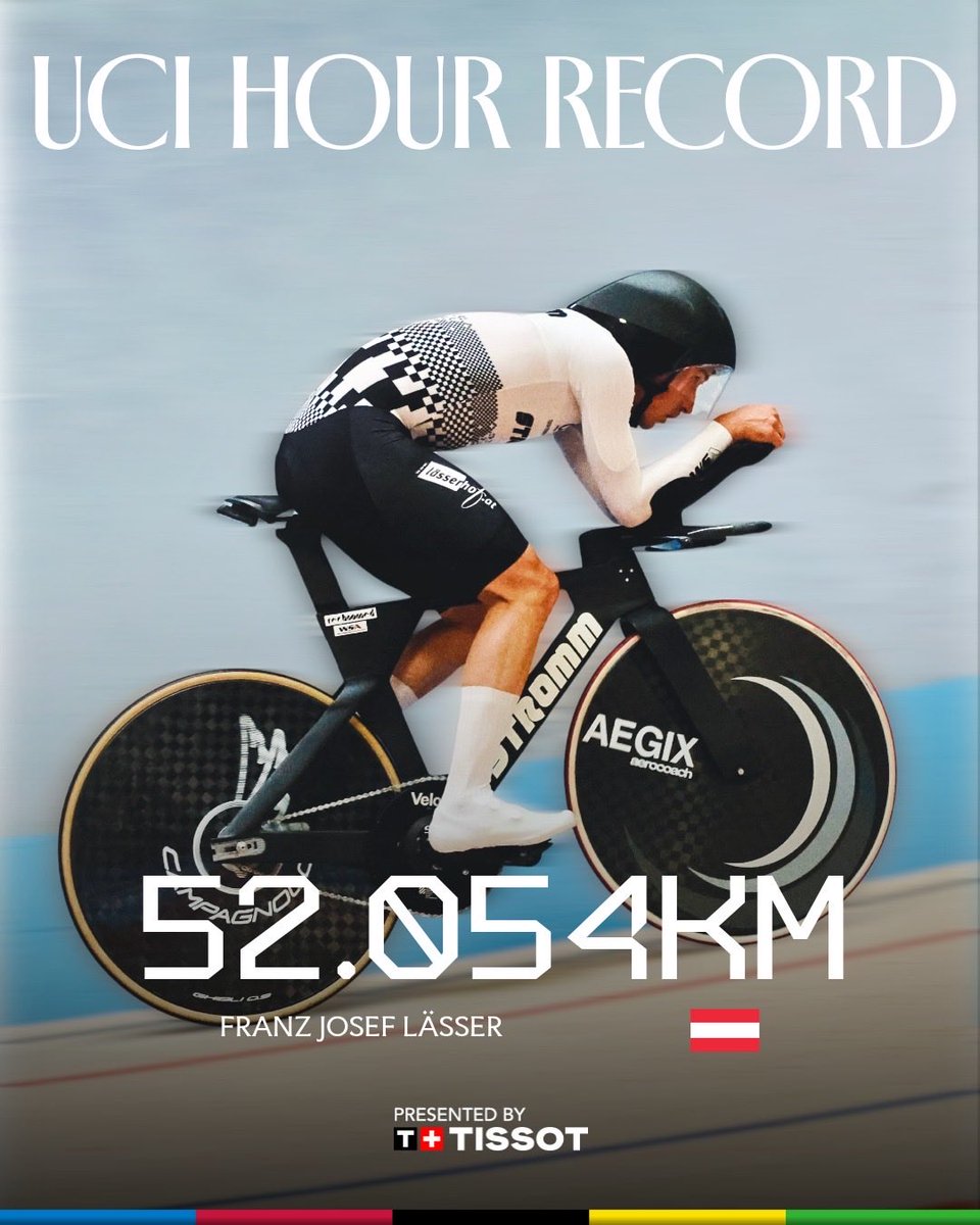 UCI_cycling's tweet photo. 𝗥𝗘𝗖𝗢𝗥𝗗 𝗕𝗥𝗢𝗞𝗘𝗡💥

The UCI Hour Record presented by @TISSOT ⏱️

🇦🇹 Austrian athlete Franz-Josef Lässer sets a new benchmark in #ParaCycling C5 class, covering 52.054 km today at the Tissot Velodrome in Grenchen.

An outstanding performance👏

#UCIHourRecord #Cycling https://t.co/yOyNYBf2zI